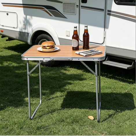 Table pliante de camping 70x50x60 cm en MDF et métal chêne, gain de place extérieur FloraGrace (1/5)