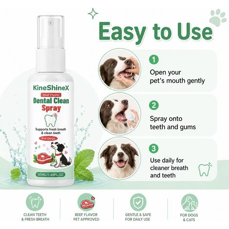 KineShineX Pet Dental Cleaning Spray (Beef Flavor) - Freshens Breath and Cleanses Teeth for Dogs (1/4)
