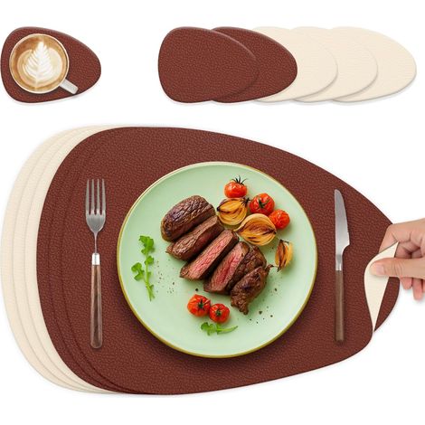 Lot de 6 sets de table ovales lavables en cuir, double face, antidérapants, rouge bordeaux et blanc crème. (1/5)