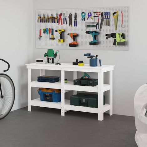 Banc de travail Style industriel - Blanc 142,5x50x80 cm Bois de pin massif BV573996 - BonneVie (1/5)