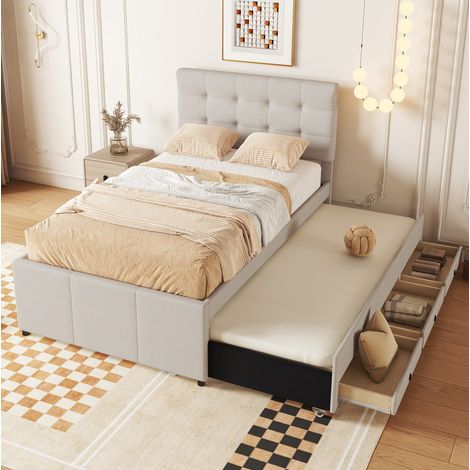 DESVIAE Lit capitonné extensible avec trois tiroirs tête de lit réglable beige 90 x 200 cm en lin pour chambre et chambre d amis avec lit gigogne (1/5)