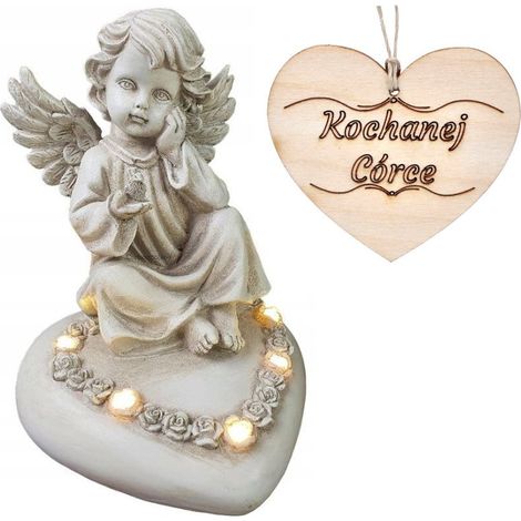 Kerzenengel auf einem Herz, mit LED beleuchtet, für das Grab der Tochter, 18 cm (1/5)