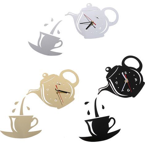 Set mit 3 DIY 3D Acryl-Dekorationswanduhren (Kaffeetasse, Teekanne usw.) für die Küche.