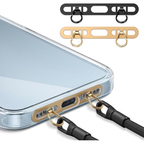 Attache ultra-fine pour cordon de téléphone – Languette métallique à 2 anneaux pour coque – Patch universel (Or champagne + Noir) pour sécurité et confort (1/5)