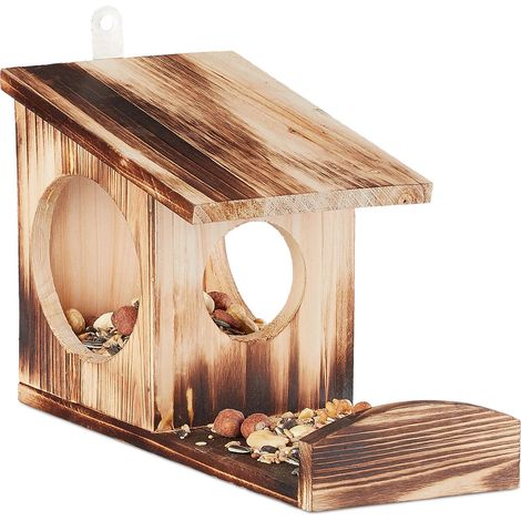 Relaxdays Mangiatoia per scoiattoli, contenitore per cibo da appendere, legno, 17,5 x 14 x 25 cm, effetto bruciato