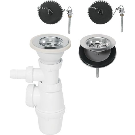 Kit Bonde Siphon Évier 2 Bacs Liés Ø60 mm à Bouchon Anti-odeurs, installation facile, accessible si bouchage, siphon réglable, prise machine à laver, fabriqué en France, chromé, Wirquin 30724271, Bla