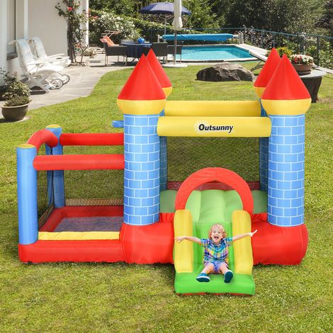 Équipement - Château gonflable avec piscine à toboggans pour 3 enfants Château avec souffleur à 8 ans Rouge + bleu + vert 280 x 260 x 210 cm (1/4)