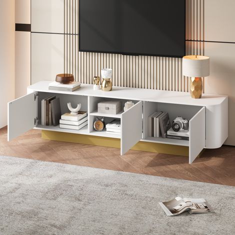 Mueble TV bajo con 3 puertas, almacenaje y gestión de cables, apto para salón y dormitorio, 170x40,5x47 cm, MDF blanco (1/5)
