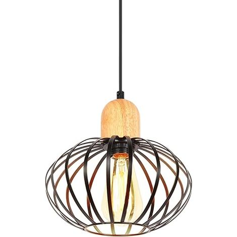 Suspension Luminaire Lustre Design Plafonnier Abat-jour E27 Lampe Plafond Forme pastèque Fer Bois Ø220mm Salon Chambre Cuisine (1/5)