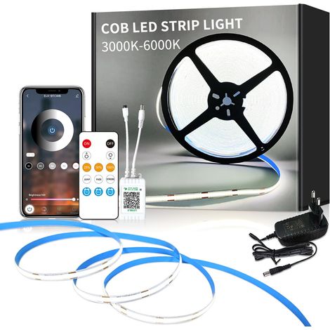 COB Ruban LED 5M, Contrôle APP avec Télécommande, Bande LED COB Flexible Dimmable DC24V 6000K Blanc Convient pour Chambre Chambre DIY Décoration (1/5)