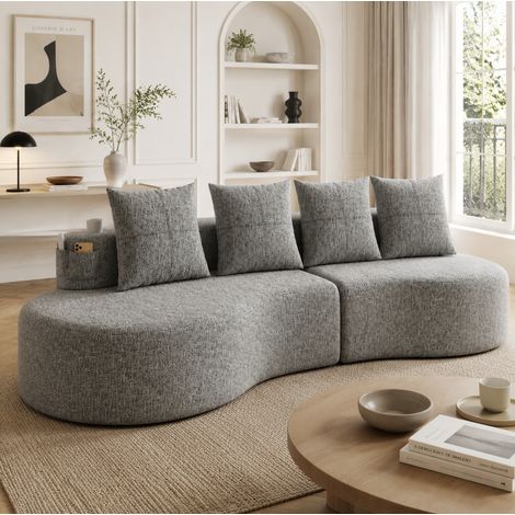 MODFU – Divano 240x109x60 cm in lino con 4 cuscini, portabicchieri, tasche laterali e portata 250 kg – Grigio chiaro (1/5)