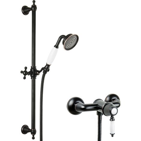 PaulGurkes Robinet de douche noir Set rétro avec barre de douche Nostalgie