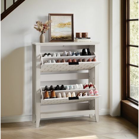 Meuble à chaussures 80 cm blanc rétro en MDF avec 2 abattants, rangement ouvert et système anti-basculement (1/5)