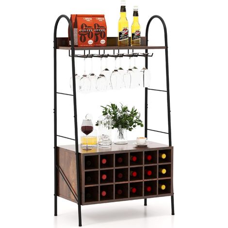 GOPLUS Étagère de Cuisine H.115CM pour 18 Bouteilles&15 Verres-Cadre Métallique 2 Étagères-Dispositif Anti-basculement Marron (1/5)