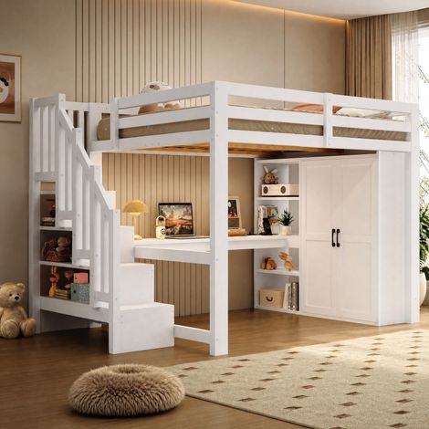 Cama alta 140/200 cm blanca con escritorio, armario, escalera con almacenaje y LED (1/5)