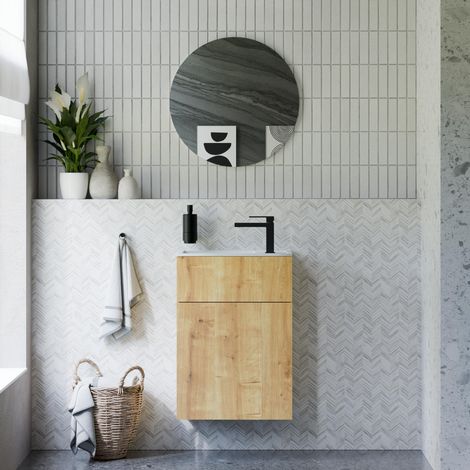 BERNSTEIN - Ensemble meuble vasque Chêne miel 50x26x72cm, Lavabo fonte minérale Blanc mat + Miroir LED dimmable Ø60cm - KONDA (1/5)