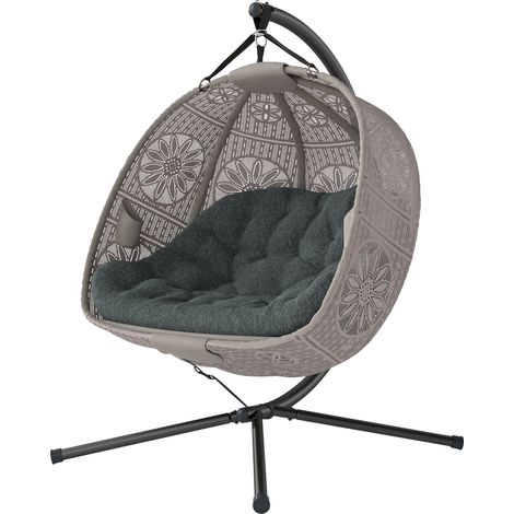 Fauteuil suspendu œuf avec support et coussin amovible lavable, hamac 2 personnes, balancelle intérieur/extérieur, sable et noir