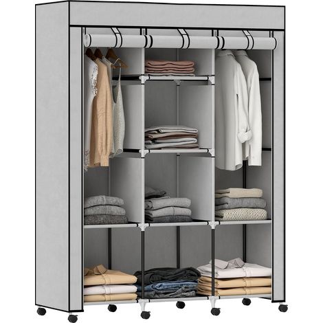 Armoire penderie en Tissu Meuble de Rangement sur roulettes avec Tringle à vêtements et étagères Ouvertes penderie vêtement Dressing pour Chambre à Coucher 125x43x162,5cm Gris (1/5)