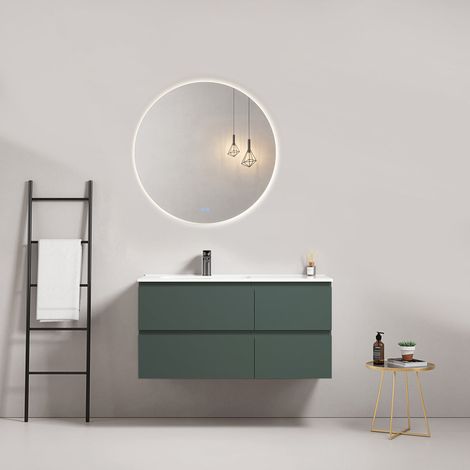 Mobile bagno sospeso 100 cm Verde Comodoro Lavabo a Sinistra in Ceramica Specchio Tondo Retroilluminato - Fiji Paint