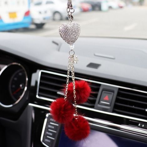 Décoration Rétroviseur - Cœur Strass Pompon Rose - Pour Voiture - 1 Pièce (1/5)