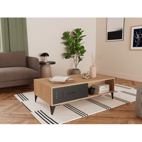 Tribeca - table basse - effet bois et métal noir - 1 tiroir et 1 niche - 110 cm (1/5)