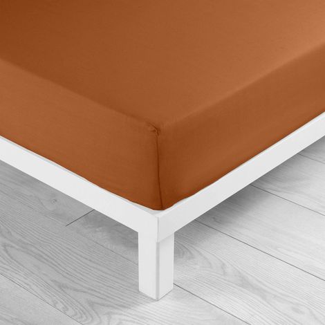 Drap housse 1 personne 90 x 190 cm 100% coton 57 fils LINA Caramel – Bonnet 30 cm (1/4)