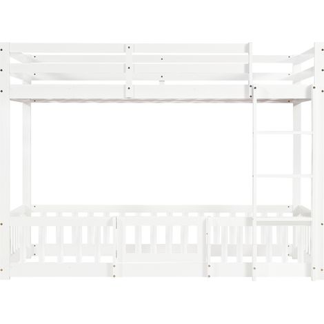 Lit mezzanine enfant 90x200 cm en bois blanc avec escalier d’angle, garde-corps et portillon HOMVRA (1/5)