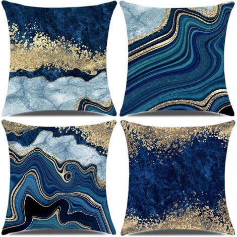 Housses de coussin décoratives bleues 45 x 45 cm, lot de 4, carrées, bleues et dorées. (1/5)