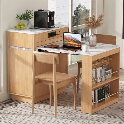 Isola cucina con ruote, tavolo da pranzo allungabile, illuminazione LED, naturale HAVRYA (1/5)