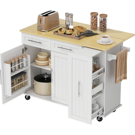 Îlot de cuisine mobile, plan de travail extensible, portes de placard, tiroirs, porte serviettes, desserte de cuisine en MDF, blanc (1/5)
