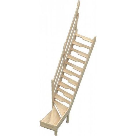 Levigne – Escalier quart tournant bas à pas décalés en sapin massif – Hauteur 280 cm, encombrement 183 cm, charge max 150 kg – Rampe incluse