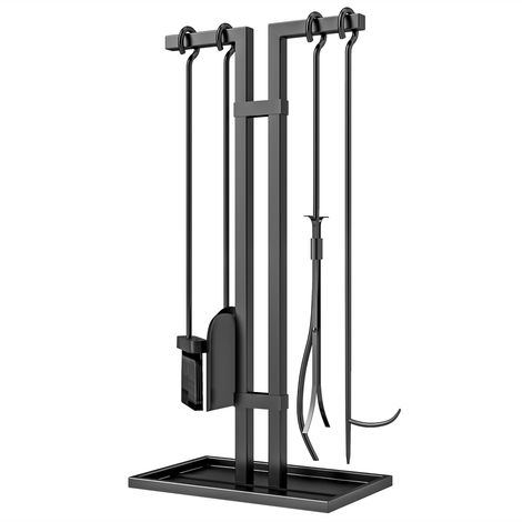 Ensemble serviteur de cheminée 5 pièces, outils de cheminée, en métal, balai, pelle, pince, tisonnier et support, noir (1/5)
