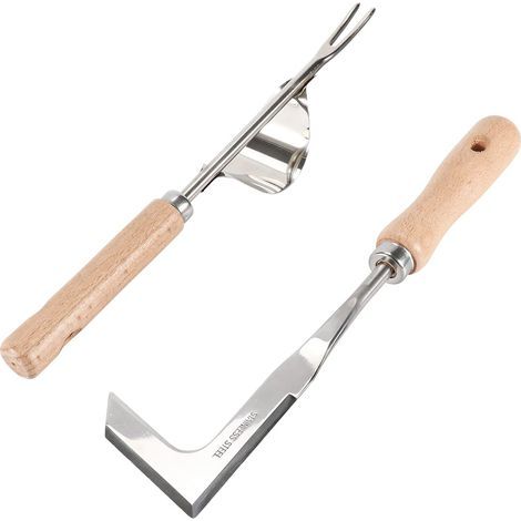 Juego de 2 herramientas manuales para desherbar, de acero inoxidable, para desherbar, con mango ergonómico de madera natural, para desherbar y cavar en su jardín. (1/5)