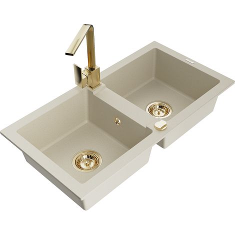 Mexen Mario 2-Becken-Granitspüle mit Mischbatterie Rita, Beige - 6504-69-670300-50 (1/5)