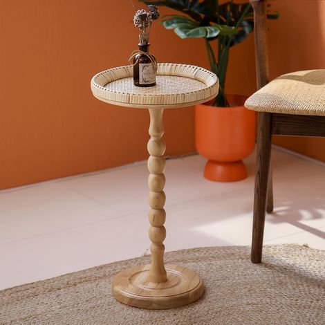 Petite table d'appoint ronde en rotin pour petits espaces, style bohème, avec pieds en bois massif pour salon, chambre à coucher, coins (1/5)