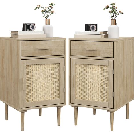 Lot de 2 tables de chevet HOMCOM avec placard et étagère porte rotin tissé + 1 tiroir design bohème - 40 x 40 x 68,5 cm naturel (1/5)