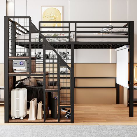 lit chambre adulte rangement haut 140x200 métal noir HAVRYA (1/5)