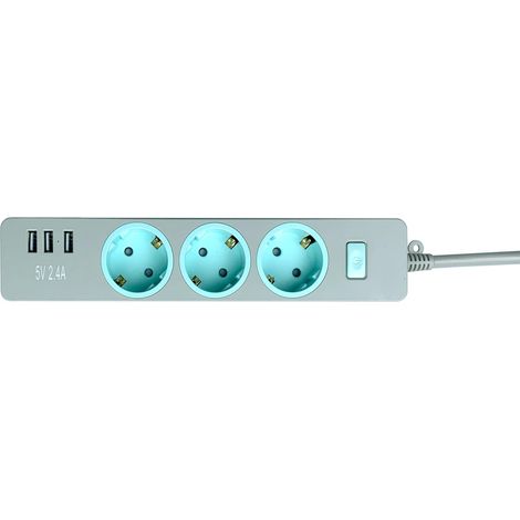 Multiprise 3 prises avec 3 ports USB et interrupteur, 1,5 m (4000 W/16 A), multiprise avec protection contre les surintensités, USB (gris) (1/4)