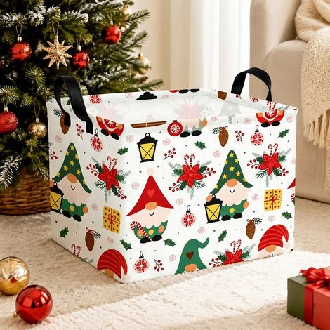 Panier de Rangement Noël Pliable Toile de Chanvre Père Noël Fond Blanc 38 x 26 x 25 cm (1/4)