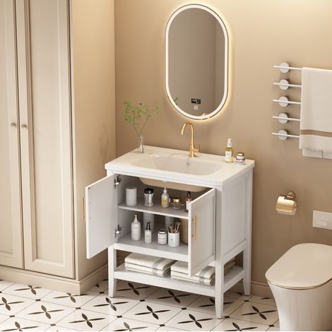 Mueble baño con lavabo cerámico MDF blanco OKMYHOME (1/2)