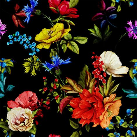 Tela de poliéster de terciopelo real para coser: motivo floral pintado sobre fondo negro. (1/5)