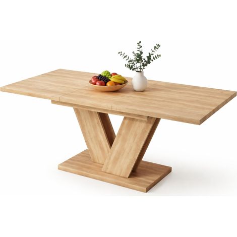 Table à manger extensible 140/180 x 80 cm, 4 à 8 places, plateau en MDF, pieds en V métal, style moderne, finition bois clair  CHICFURN (1/5)