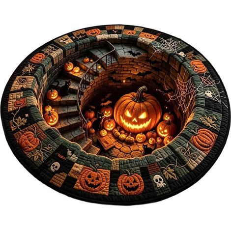 Tapis rond 80cm, effet 3D escalier hanté – illusion d'optique, fantôme et citrouille, déco Halloween-Style 3 (1/5)