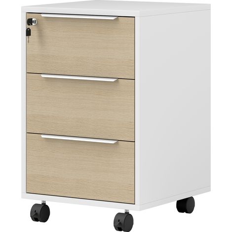 Büro-Aktenschrank mit 3 Schubladen, 4 Rollen, Schubladeneinheit mit Schloss und 2 Schlüsseln, Weiß und Eiche