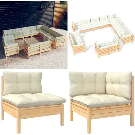 12-tlg. Garten-Lounge-Set mit Creme Kissen Massivholz Kiefer - Gartensaison - Lounge Set - Gartenmöbel - Kiefernholz Möbel - Outdoor Furniture - Home & Living