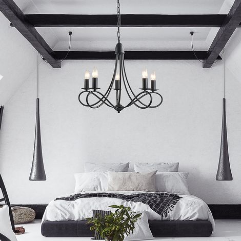 Lámpara de techo de estilo rústico, de acero trenzado negro con 5 candelabros ajustables y plegables de Ø58 x 45 cm.