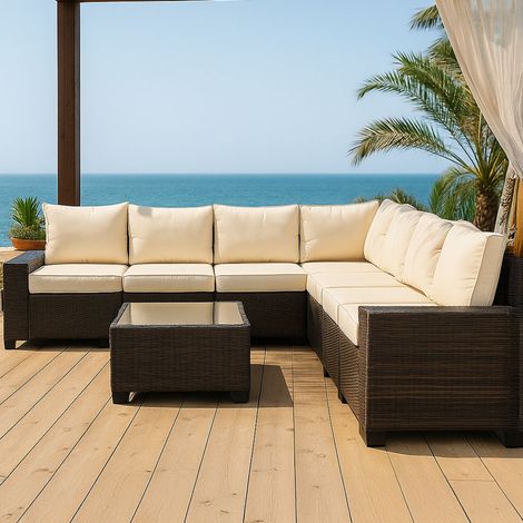 Mobili da giardino angolari da 7 posti in resina intrecciata con tavolo marrone e beige LAZARO