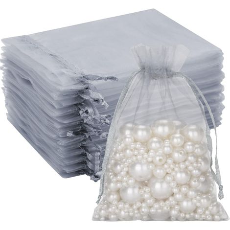 Sacs Organza - 50 Pièces - Gris - 10x12cm - Cordon De Serrage - Pour Bijoux Et Cadeaux (1/5)