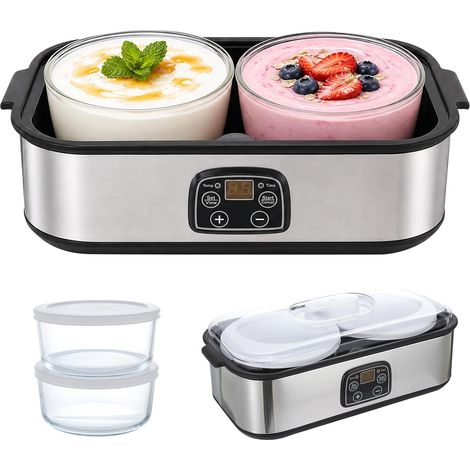 Yaourtière automatique, 2 l, température et minuterie réglables, yaourtière avec 2 verres, yaourtière pour yaourt grec, fromage, natto, vin de riz (argent, 2 l) (1/5)