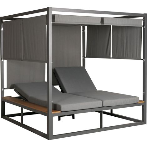 [NON UTILIZZATO] Lettino doppio reclinabile da esterno con parasole HHG-805 200x200x200cm alluminio tessuto grigio chiaro